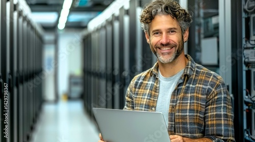 Smiling it engineer with laptop in server room for data center maintenance and management service