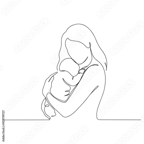 Continuous Line Art – Islamic Mom Hugging Son Illustration


