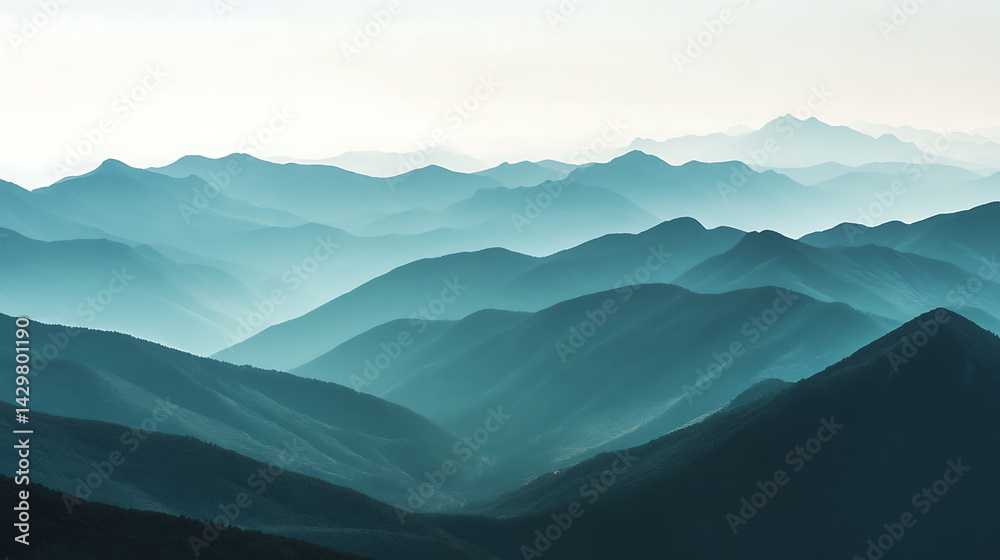 Obraz premium Serene Teal Mountain Ranges A Breathtaking Panorama of Nature's Majesty, Captivating Hues of Blue and Green, Rolling Hills, Misty Peaks, Tranquil Landscape