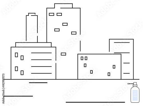 Minimal urban cityscape featuring tall and shorter modern buildings with a focus on health using a sanitizer bottle. Ideal for city health awareness, modern lifestyle, hygiene, immunity, urban