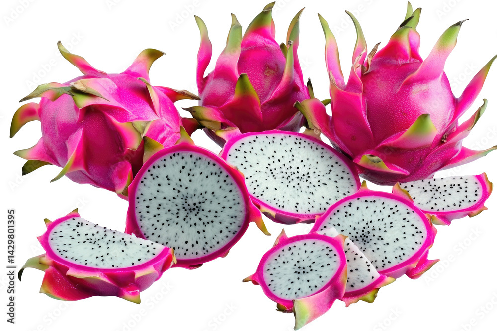 Vibrant Dragon Fruit Display with Sliced Sections on a Bright Background on transparent background Vibrant Dragon Fruit Display with Sliced Sections on a Bright Background on transparent background