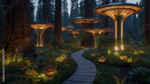 Sleek, plant-covered skyscrapers with hydroponic farms cascading down their sides. Solar leaves adorn balconies, while rooftop rainwater collectors and AI-managed green grids ensure resource efficienc