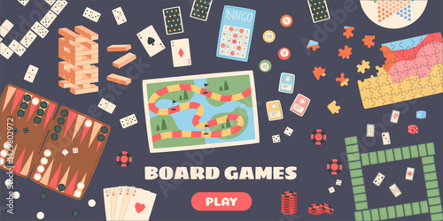 Flat boardgame banner with colorful games. Classic board pieces with puzzle, map, card, dice, and jenga. Fun play concept bingo and other table games. Perfect for gaming, family, entertainment