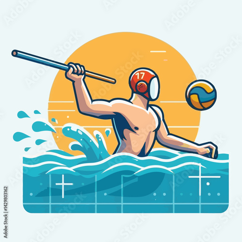 water, ball, sport, game, competition, water polo, polo, pool, swim, play, sports, person, vector, athlete, player, illustration, team, match, exercise, recreation, summer, background, young, blue, ac