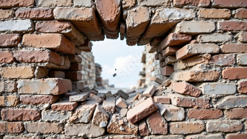 The masonry structure fractures under immense stress, beginning with hairline cracks that propagate rapidly across the surface