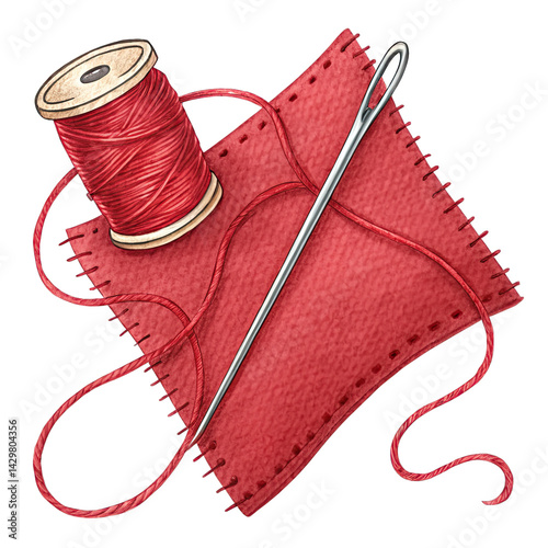 A vibrant piece of red fabric is paired with a needle and thread perfect for various sewing activities and creative projects highlighting craftsmanship and detail