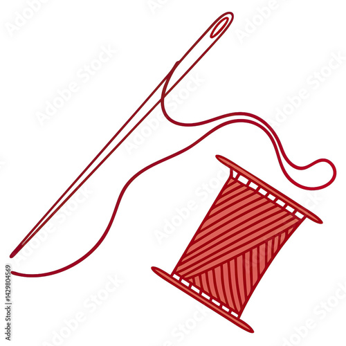 A red piece of fabric lies flat with a needle threaded through it accompanied by a spool of red thread highlighting the art of sewing and creativity in textiles