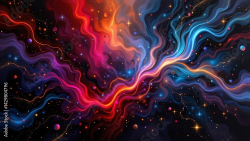 An ethereal backdrop unfolds, a deep twilight canvas punctuated by shifting nebulas of chromatic light