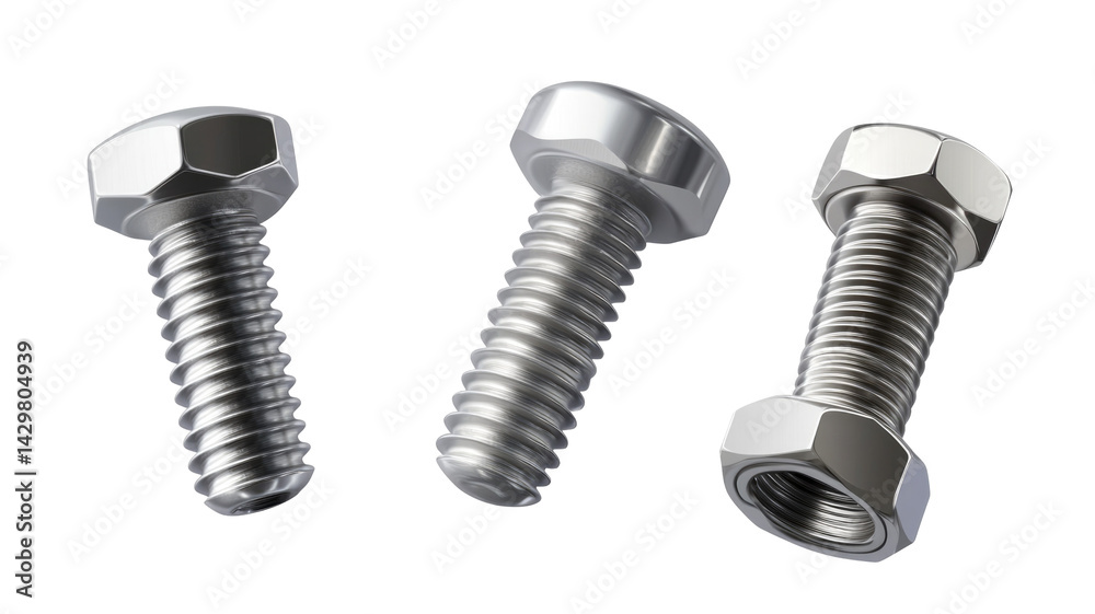 Three shiny metal bolts with hexagonal heads and threaded shafts, ideal for construction and repair tasks in various settings. on transparent background Three shiny metal bolts with hexagonal heads and threaded shafts, ideal for construction and repair tasks in various settings. on transparent background