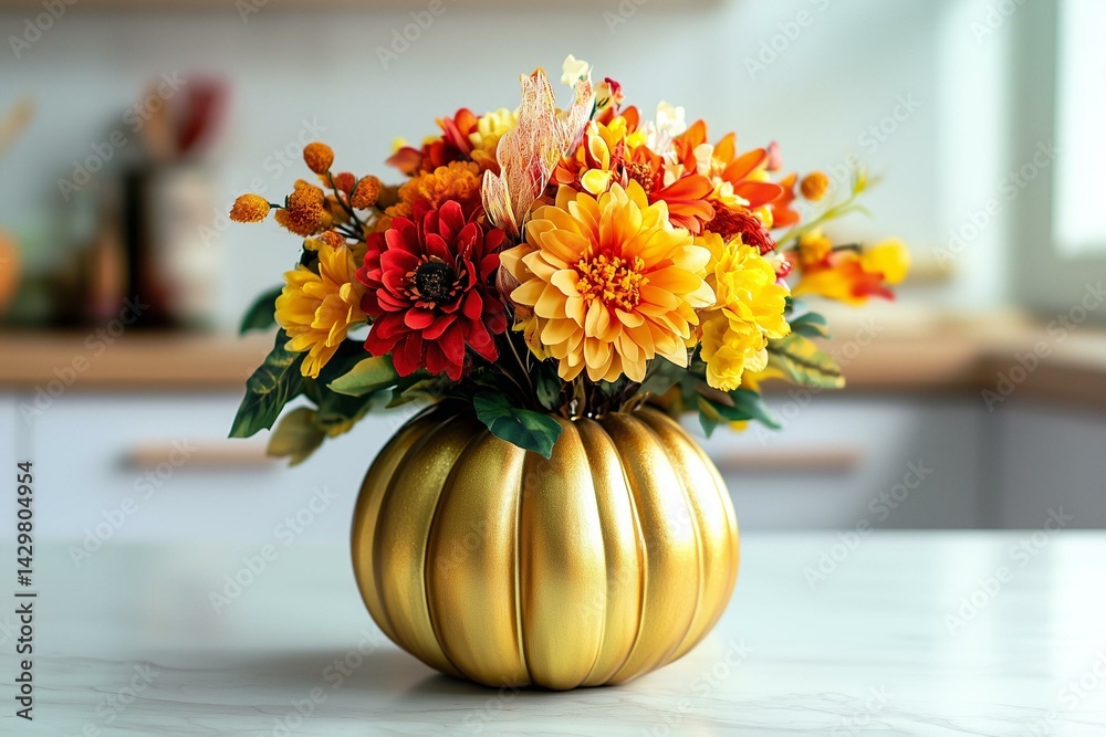Autumn bouquet of bright artificial flowers in a golden pumpkin vase on a kitchen table counter with white modern kitchen background. Autumn home decor for Thanksgiving and Halloween holiday.