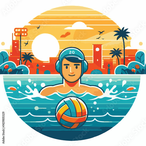 water, ball, sport, game, competition, water polo, polo, pool, swim, play, sports, person, vector, athlete, player, illustration, team, match, exercise, recreation, summer, background, young, blue, ac