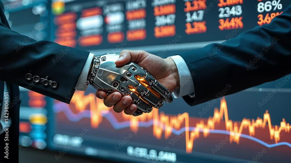 Businessmen with robotic hand shaking hands in front of digital financial data display showing stock trends and numbers in a modern office setting