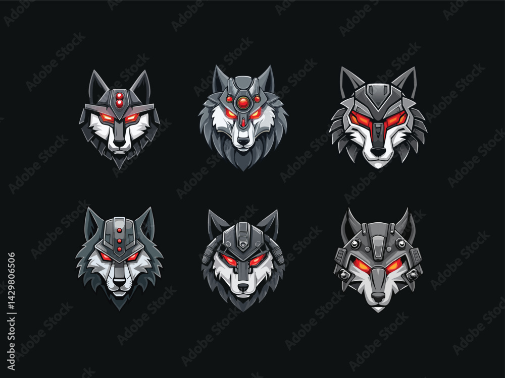 Obraz premium Esport logo of a futuristic cybernetic wolf with glowing red eyes and metal armor