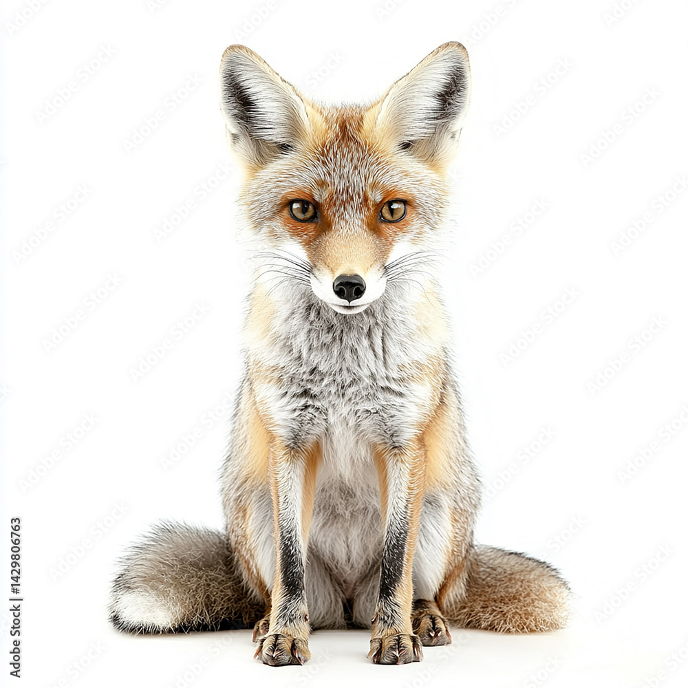 Beautiful red fox portrait sitting isolated on white background studio shot wildlife animal photography fur cute eyes Beautiful red fox portrait sitting isolated on white background studio shot wildlife animal photography fur cute eyes
