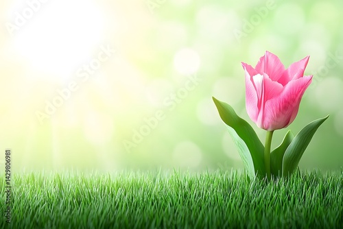 Pink Tulip Spring Flower in Green Grass Meadow