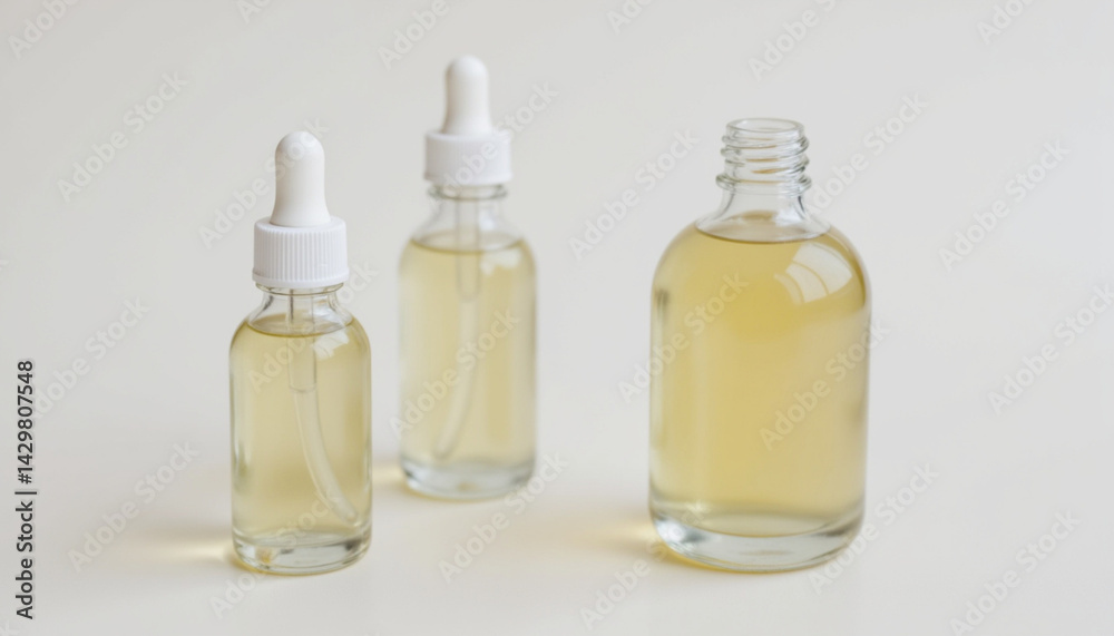 Clear glass skincare bottles with droppers filled with serum, showcasing minimalist aesthetic and natural beauty Clear glass skincare bottles with droppers filled with serum, showcasing minimalist aesthetic and natural beauty