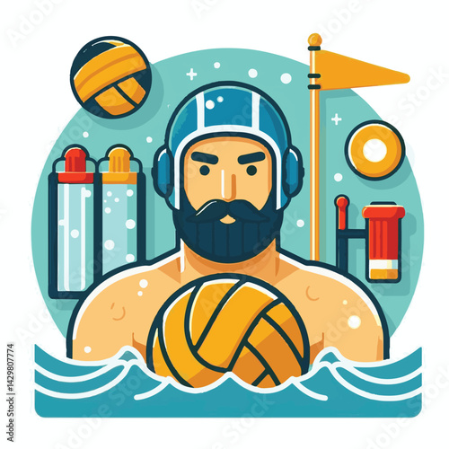 water, ball, sport, game, competition, water polo, polo, pool, swim, play, sports, person, vector, athlete, player, illustration, team, match, exercise, recreation, summer, background, young, blue, ac
