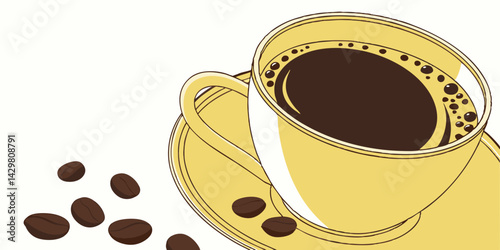 Close up yellow cup of black coffee isolated on white background with clipping path. A mug of coffee vector illustration.
