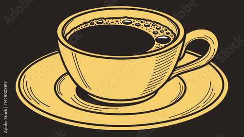 Close up yellow cup of black coffee isolated on dark black background with clipping path. A mug of coffee vector illustration.
