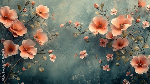 Delicate peach blossoms on textured teal backdrop, floral elegan photo