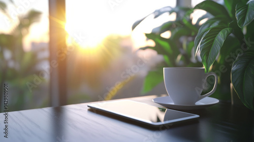 A tablet with a digital contract open sits on a desk next to a coffee cup representing modern document signing with tablet. AI generative
