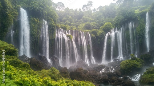 Waterfall cascades down lush cliffside on summer day; nature scenery background
