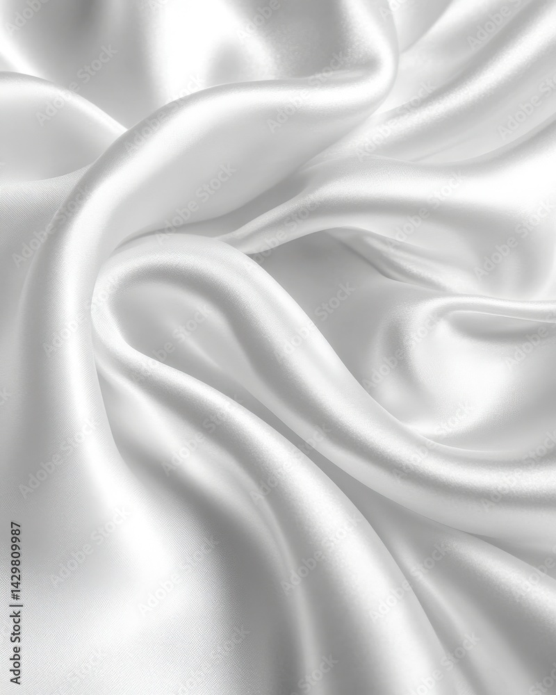A smooth, luxurious white silk fabric drapes elegantly, showcasing its soft sheen and delicate texture. The gentle folds create subtle shadows, enhancing its sophisticated appearance.