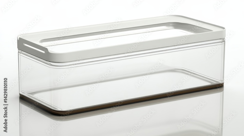 Transparent rectangular storage container with white accents. Transparent rectangular storage container with white accents.
