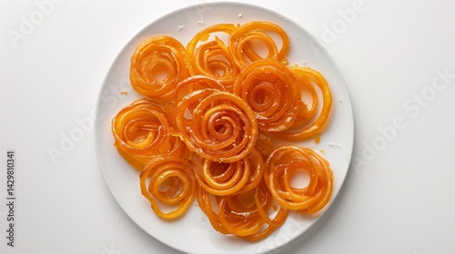 Top down view of crispy Indian jalebis arranged a white plate over white background Bright orange syrup soaked spirals popular deep fried dessert from India cut out on isolated transparent background