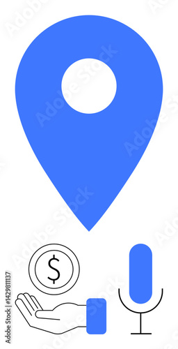 Blue location marker above hand holding coin and microphone. Ideal for navigation, payment, podcasting, service apps, geolocation, digital tools, business growth, simple landing page