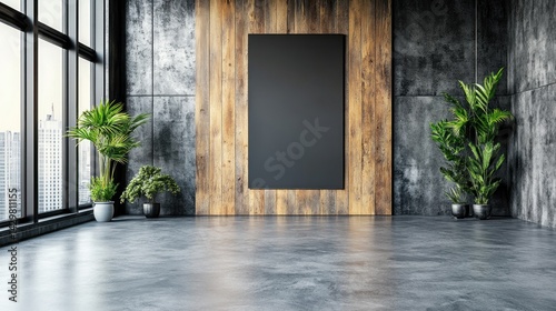 Industrial loft interior with blank canvas. photo