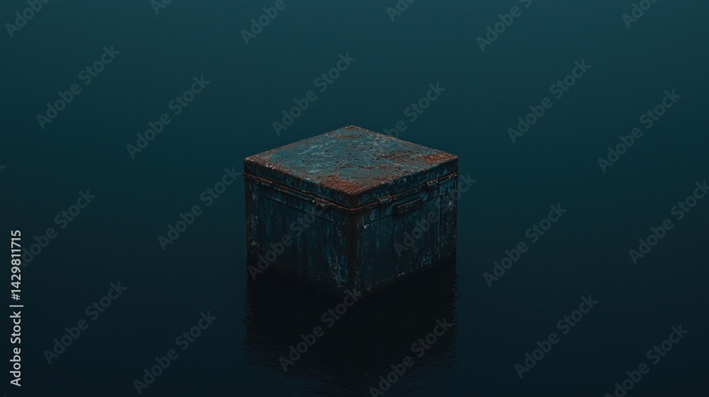 Obraz premium A weathered box floats serenely on dark water, evoking a sense of mystery and solitude in a tranquil environment.