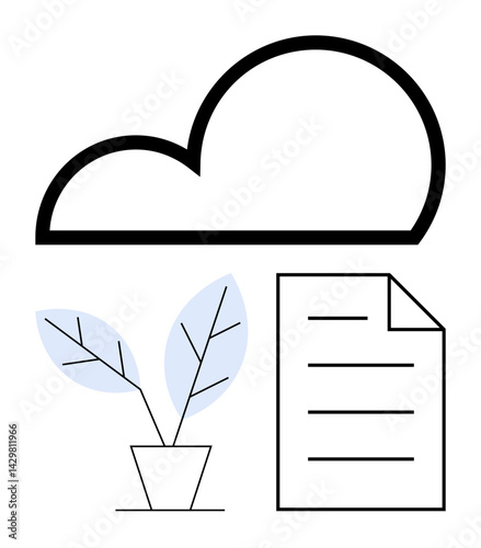 Cloud image above a file document and a growing sapling in a pot. Ideal for digital storage, sustainability, growth, innovation, eco-friendly technology, data management, flat simple metaphor