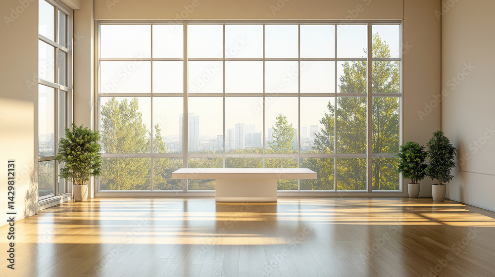 Fototapeta premium Bright modern interior with large windows showcasing city skyline view