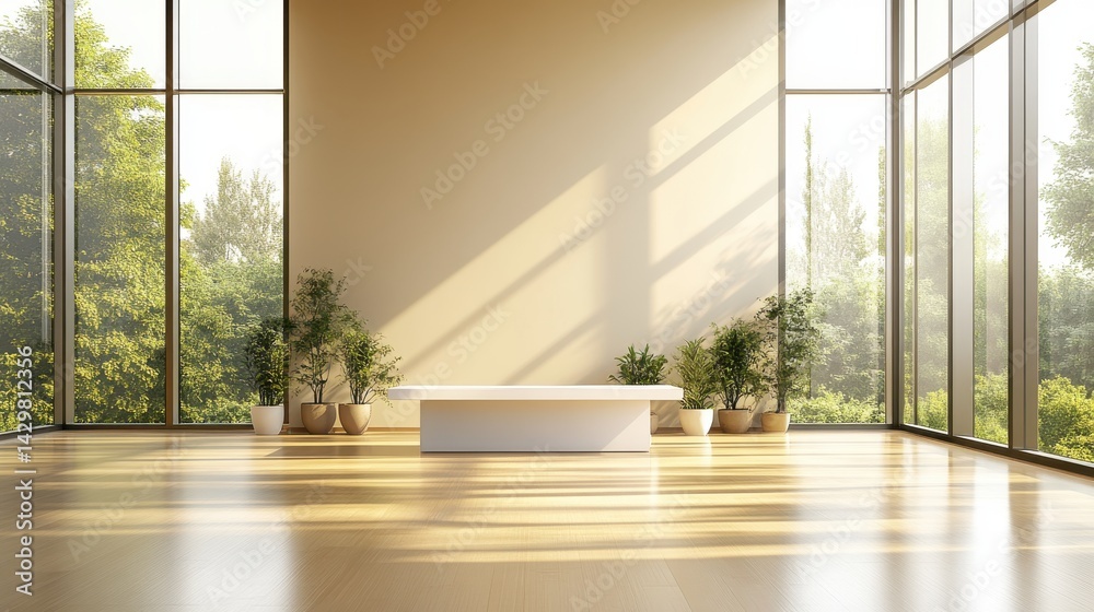 Fototapeta premium Modern minimalist interior with large windows, natural light, and greenery