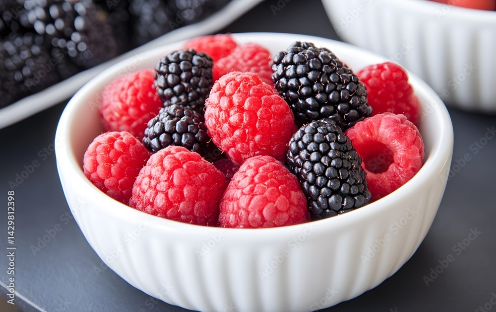 Fresh Raspberries and Blackberries in Bowl Summer Fruit Fresh Raspberries and Blackberries in Bowl Summer Fruit