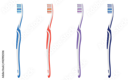 Four color toothbrush illustrations, dental care equipment clipart.
