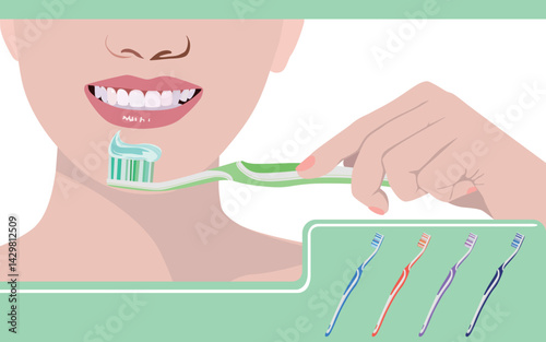 Brushing teeth ads, dental care illustration. Toothbrush, toothpaste, teeth