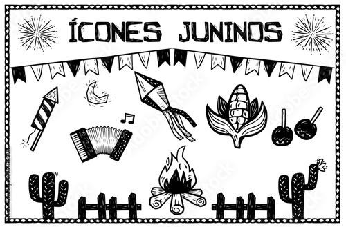 Woodcut-style illustration of "Icones Juninos" June festival icons: bonfire, accordion, fireworks, food, drinks, and flags from Brazil's traditional June festival.