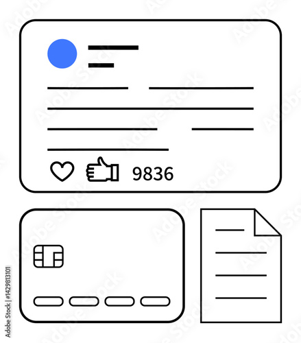 Social media card with thumbs ups, comments, and shares, alongside a credit card and document icon. Ideal for engagement, analytics, payment, content management, transactions marketing digital