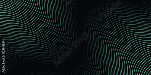 Abstract background with waves for banner. Medium banner size. Vector background with lines. Element for design isolated on black. Black, green and blue. Ocean, night, card