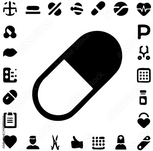 black and white medical icons collection with central pill capsule, minimalist healthcare vector illustration 