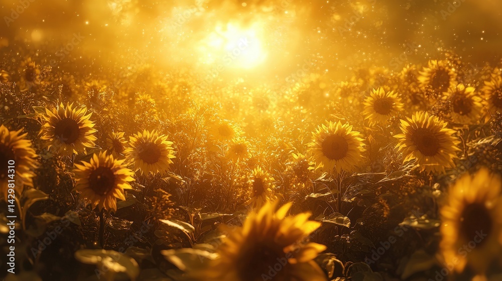 Fototapeta premium Golden sunflower field bathed in radiant morning sunlight.