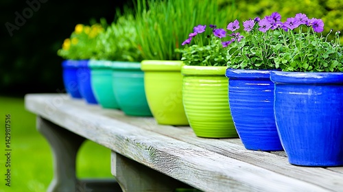 Colorful Flower Pots on Wooden Bench in Garden