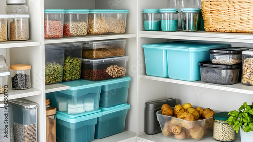 Pantry Perfection: Organized Storage of Dry Goods in Clear Containers on White Shelves