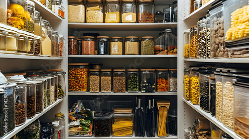 Organized pantry featuring an assortment of dry goods neatly arranged on shelves