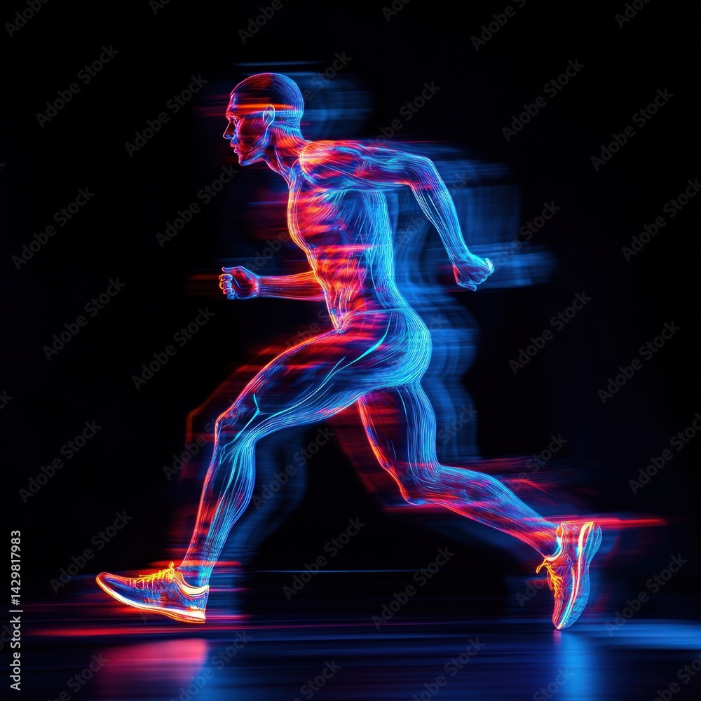 Fototapeta premium A dynamic digital illustration of a running figure, highlighted with vibrant neon colors and motion blur. Muscles and skeletal structures are visible, conveying speed and athleticism