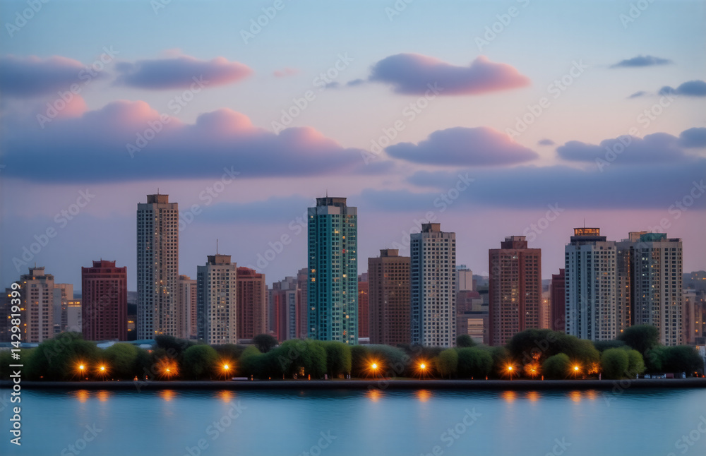 Fototapeta premium A skyline at dusk, with tall structures silhouetted against a pastel sky. A body of water reflects the lights and colors of the city. The setting suggests calm and tranquility.