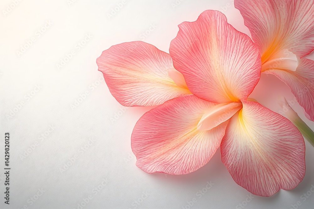 Delicate pink flower petals on white background, close-up. Suitable for a floral design, greeting card, or nature themed content Delicate pink flower petals on white background, close-up. Suitable for a floral design, greeting card, or nature themed content