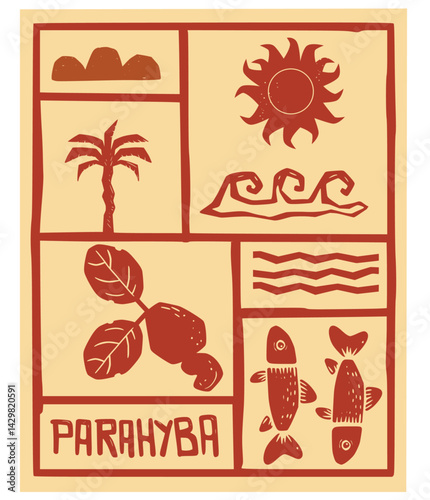 Illustration of "Parahyba" icons, including sun, waves, palm tree, mountains, cashew fruit, and fish. A tribute to Northeastern Brazilian culture and nature.